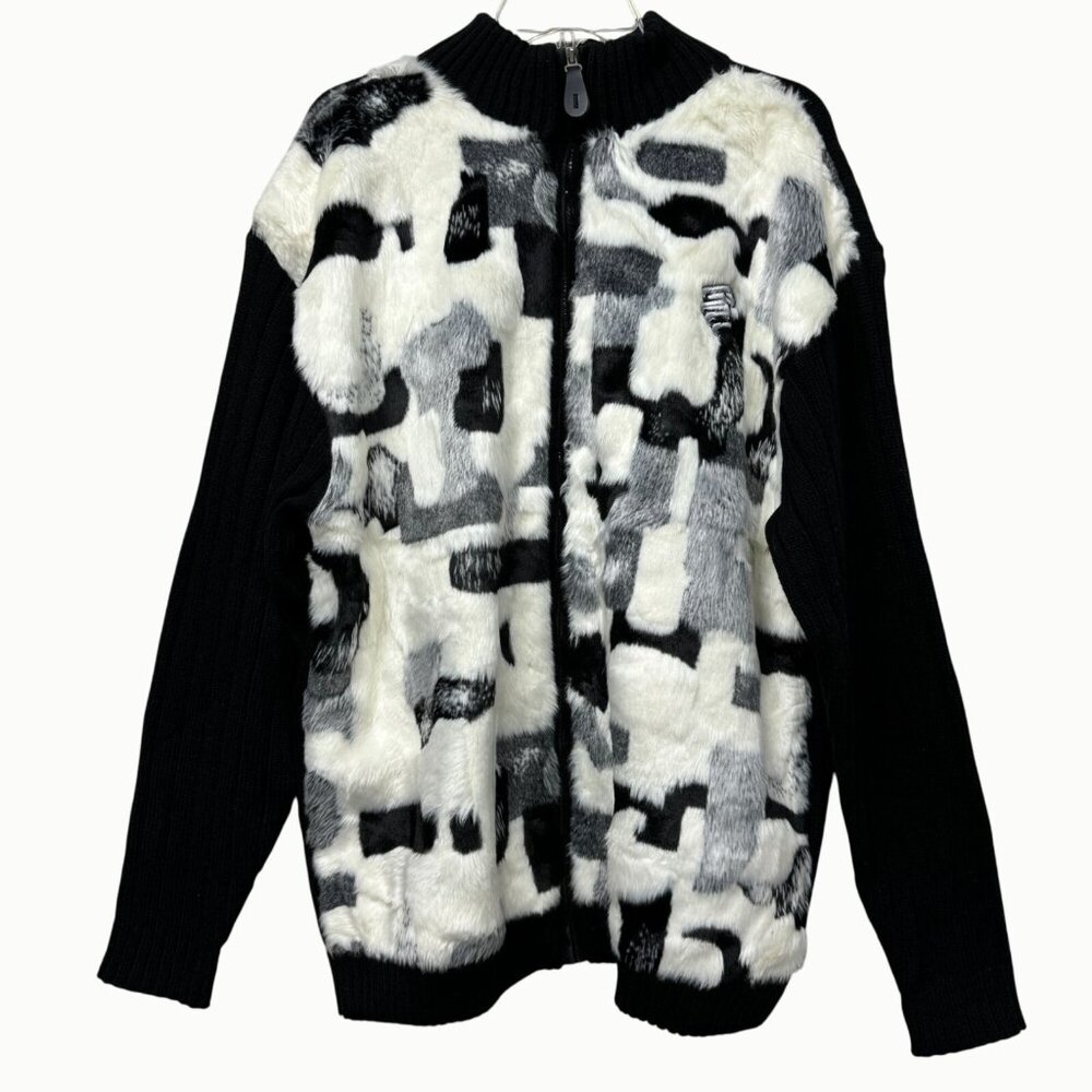 Rocawear Faux Fur Geometric Abstract Zip-Up Jacket Black White Women’s M